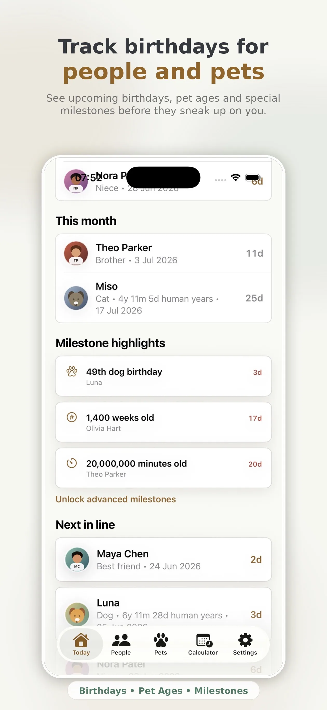 Birthday tracker for people and pets with milestone highlights