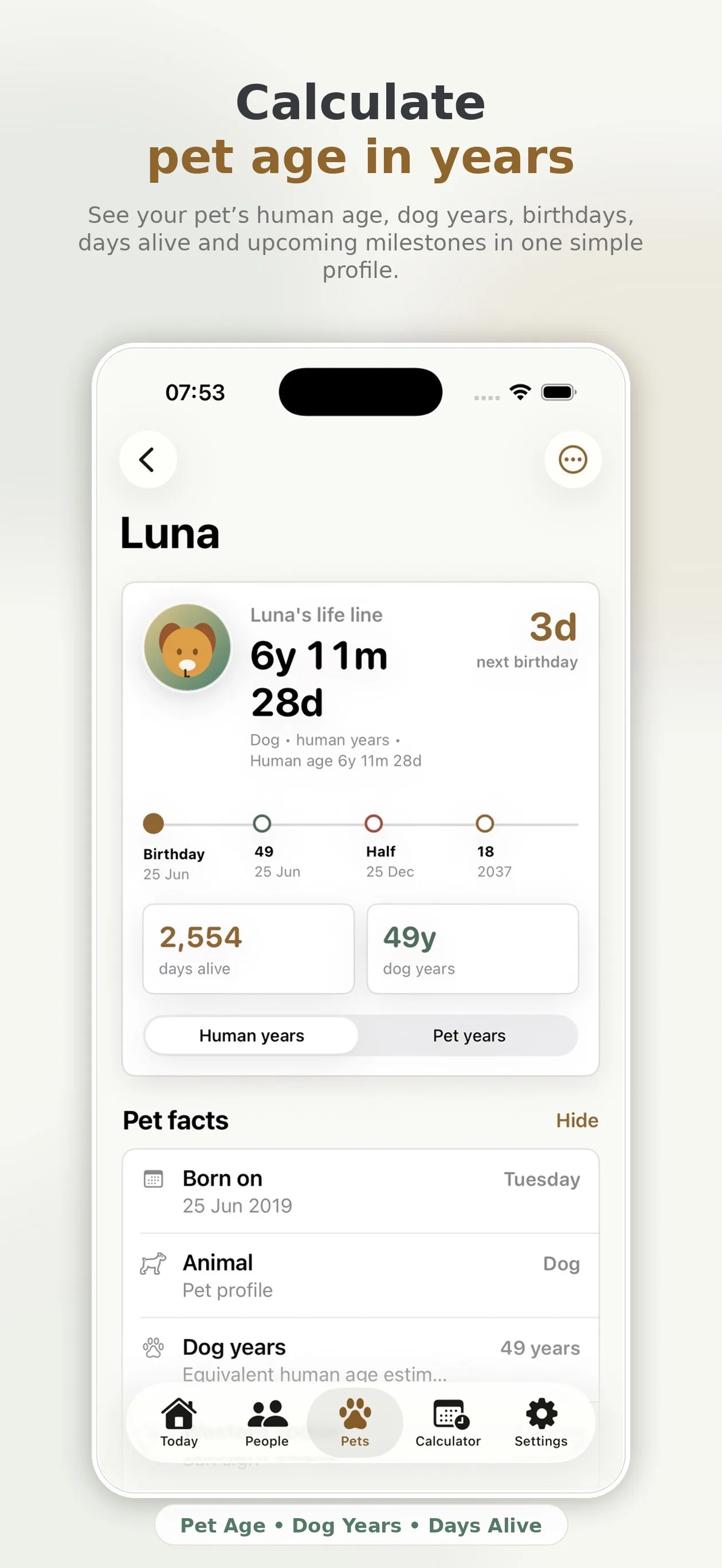 Pet age calculator showing a dog's age in human and dog years