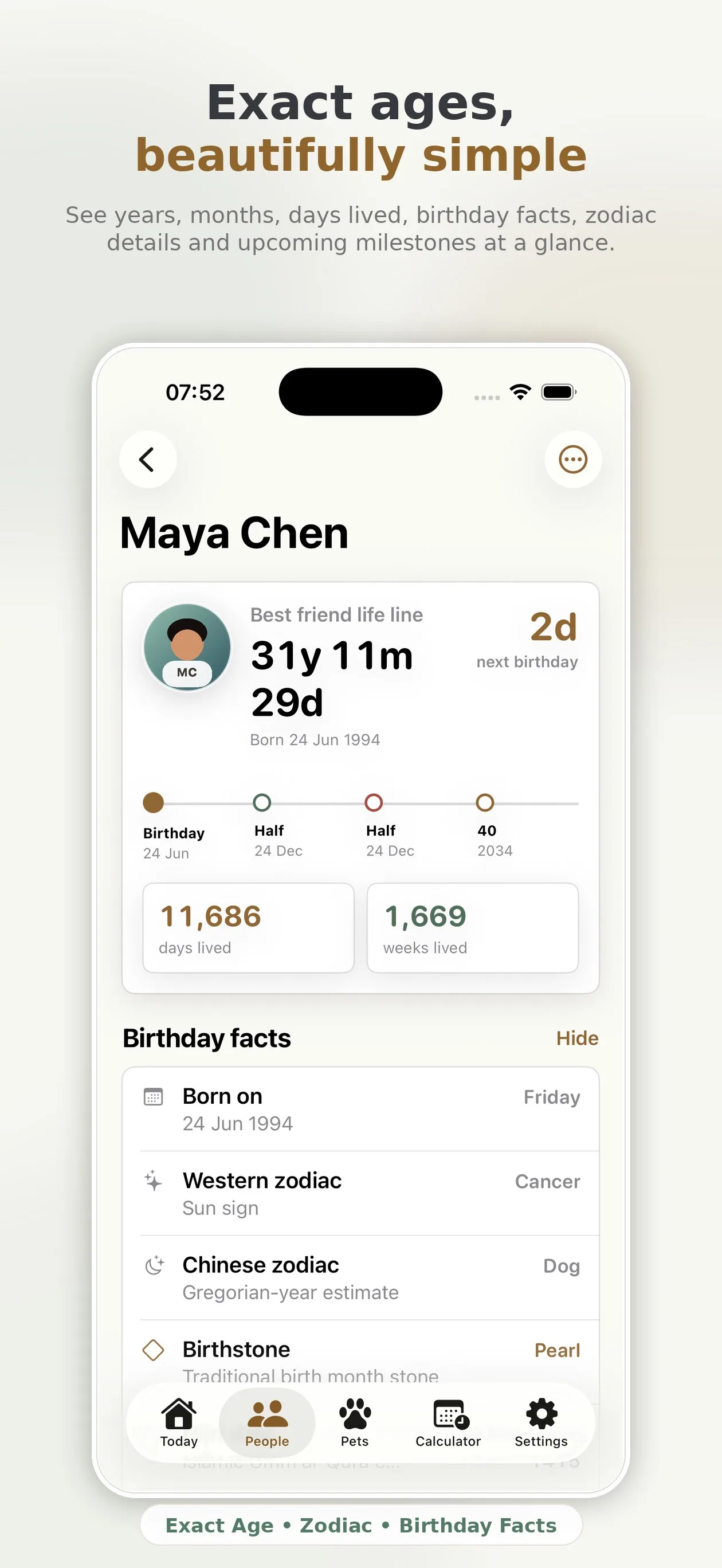 LifeDates profile showing exact age, days lived, zodiac and birthday facts