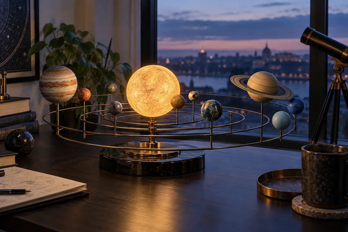 A miniature solar system model on a desk.