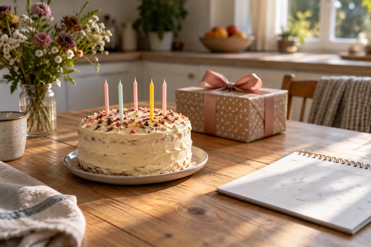 A birthday cake, wrapped present and calendar on a kitchen table.