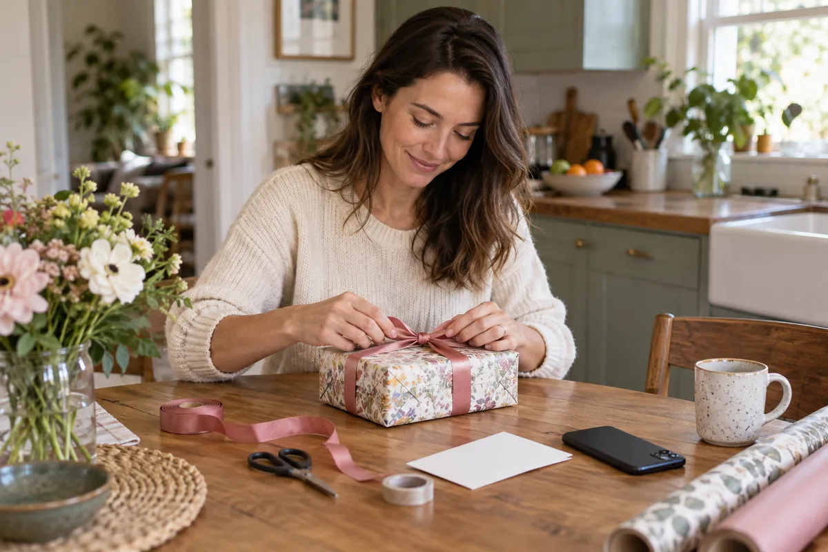 A woman wrapping a birthday present beside her phone.