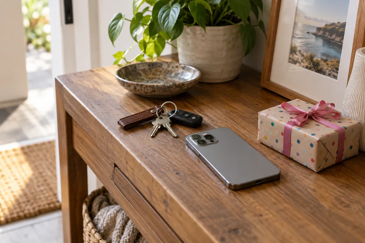 A phone, keys and a birthday present ready by the door.