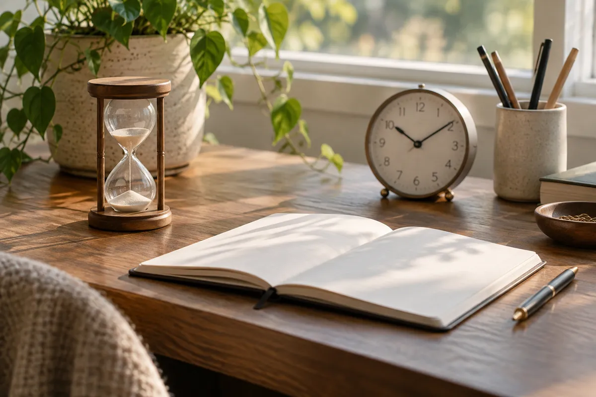 An hourglass, clock and notebook on a desk.