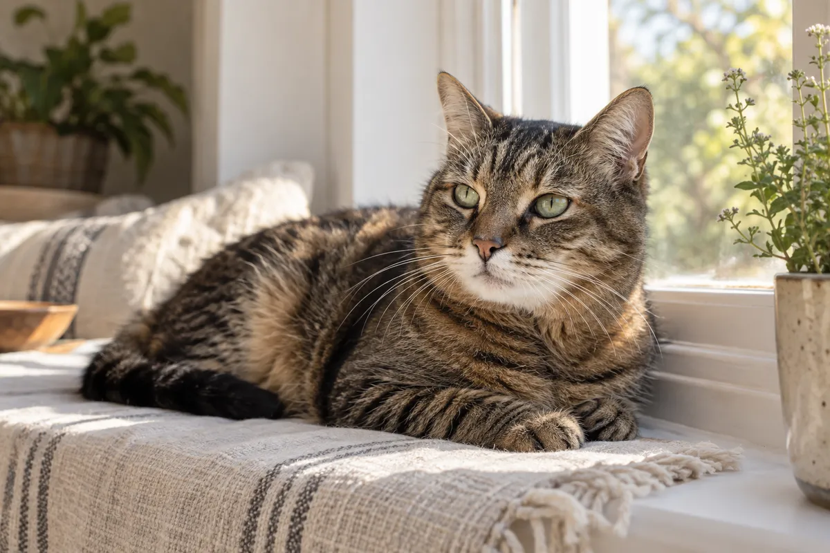 A tabby cat resting on a sunlit windowsill.