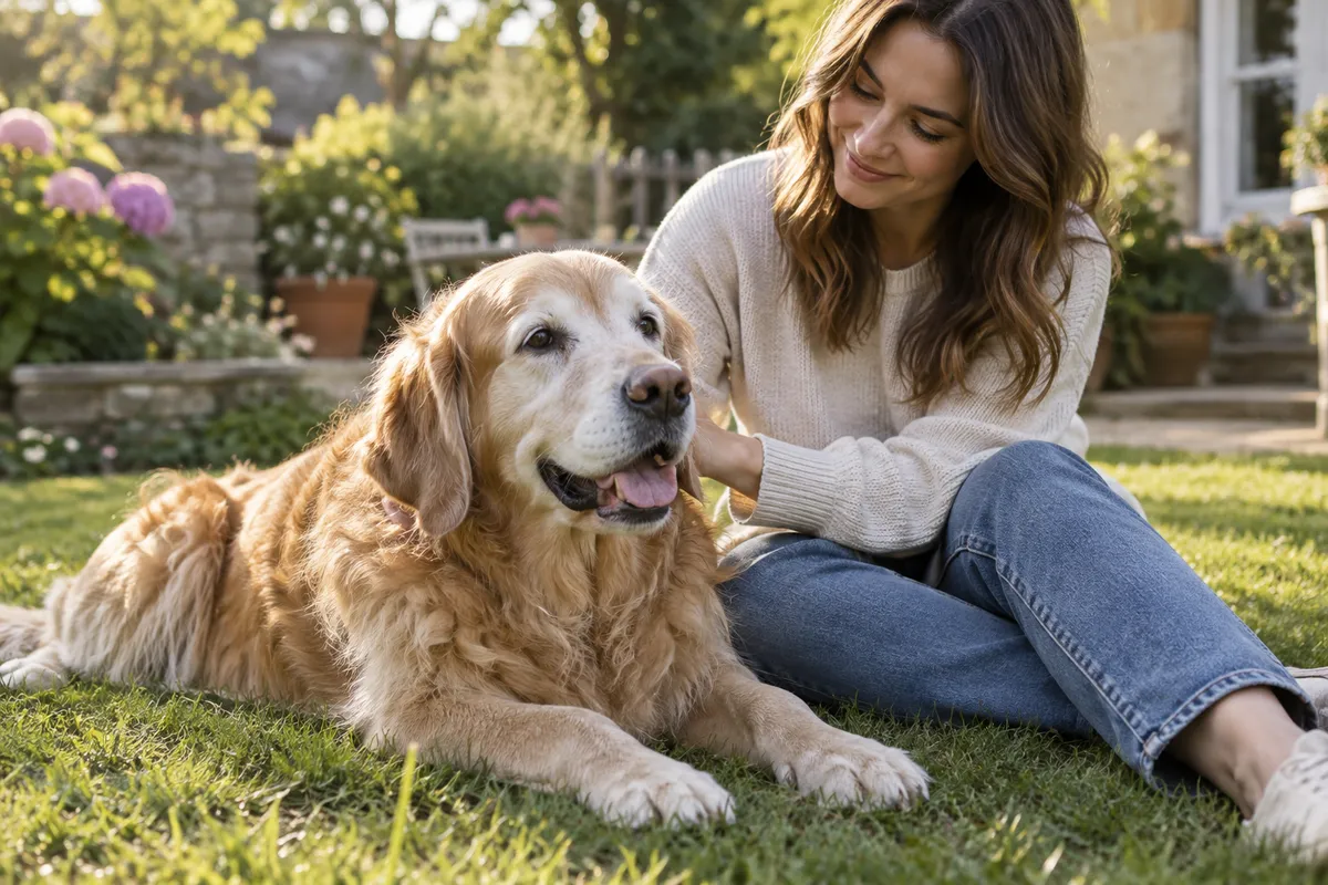 A golden retriever relaxing beside its owner.