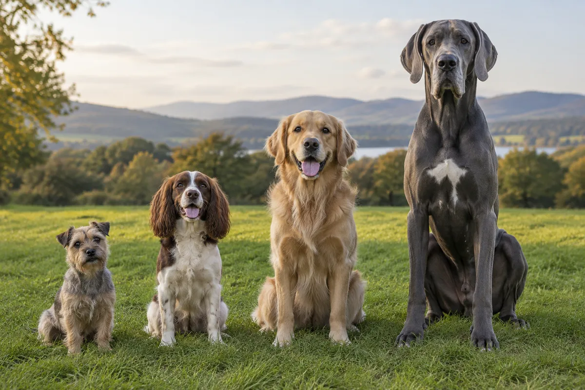 Four dogs of different sizes sitting together on grass.