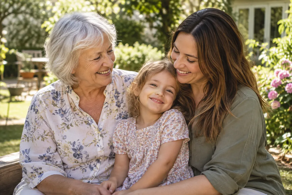 Three generations sharing a moment in a garden.