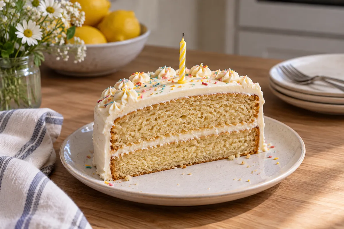 Half a birthday cake on a ceramic plate.
