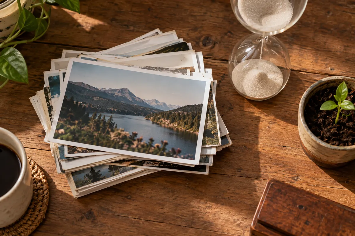 Photographs, an hourglass and a seedling on a desk.