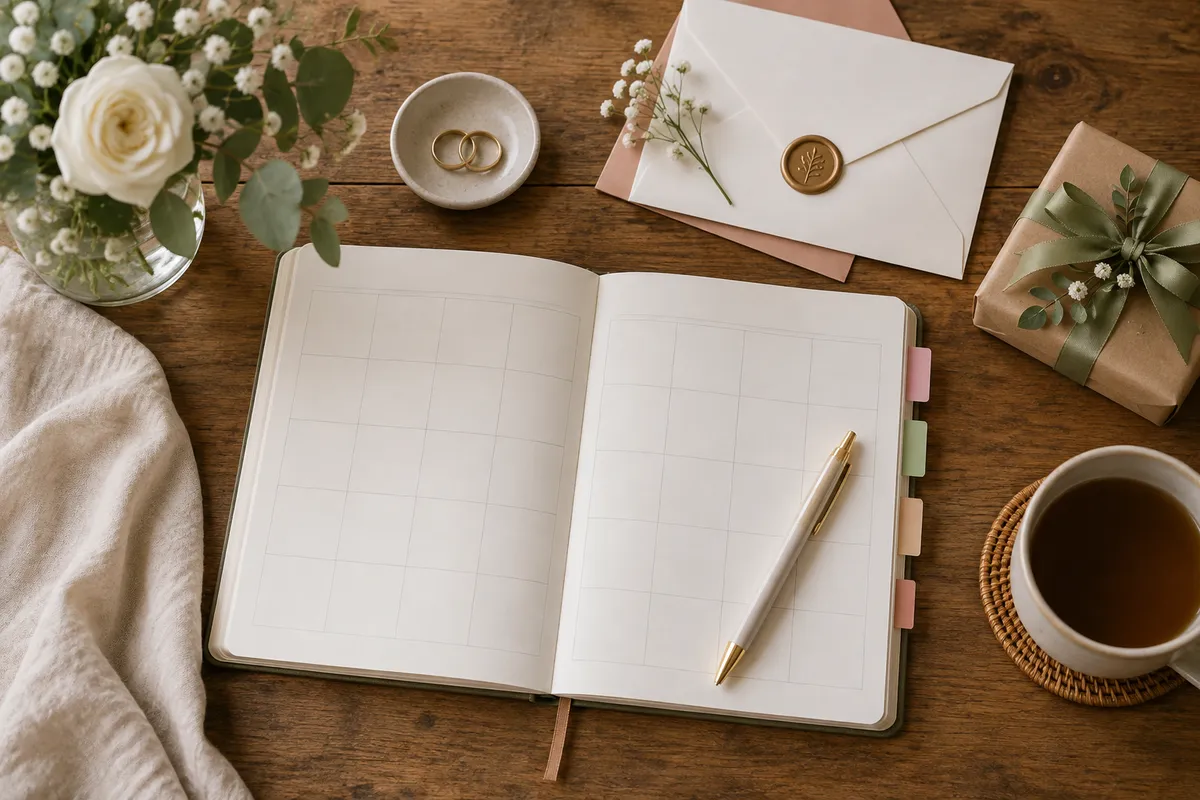 A planner, pen and celebration keepsakes on a desk.