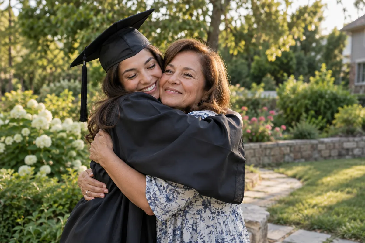A graduate hugging a parent in a garden.