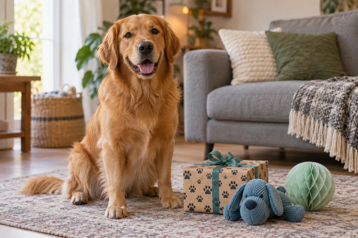 A dog beside a wrapped toy and birthday decorations.