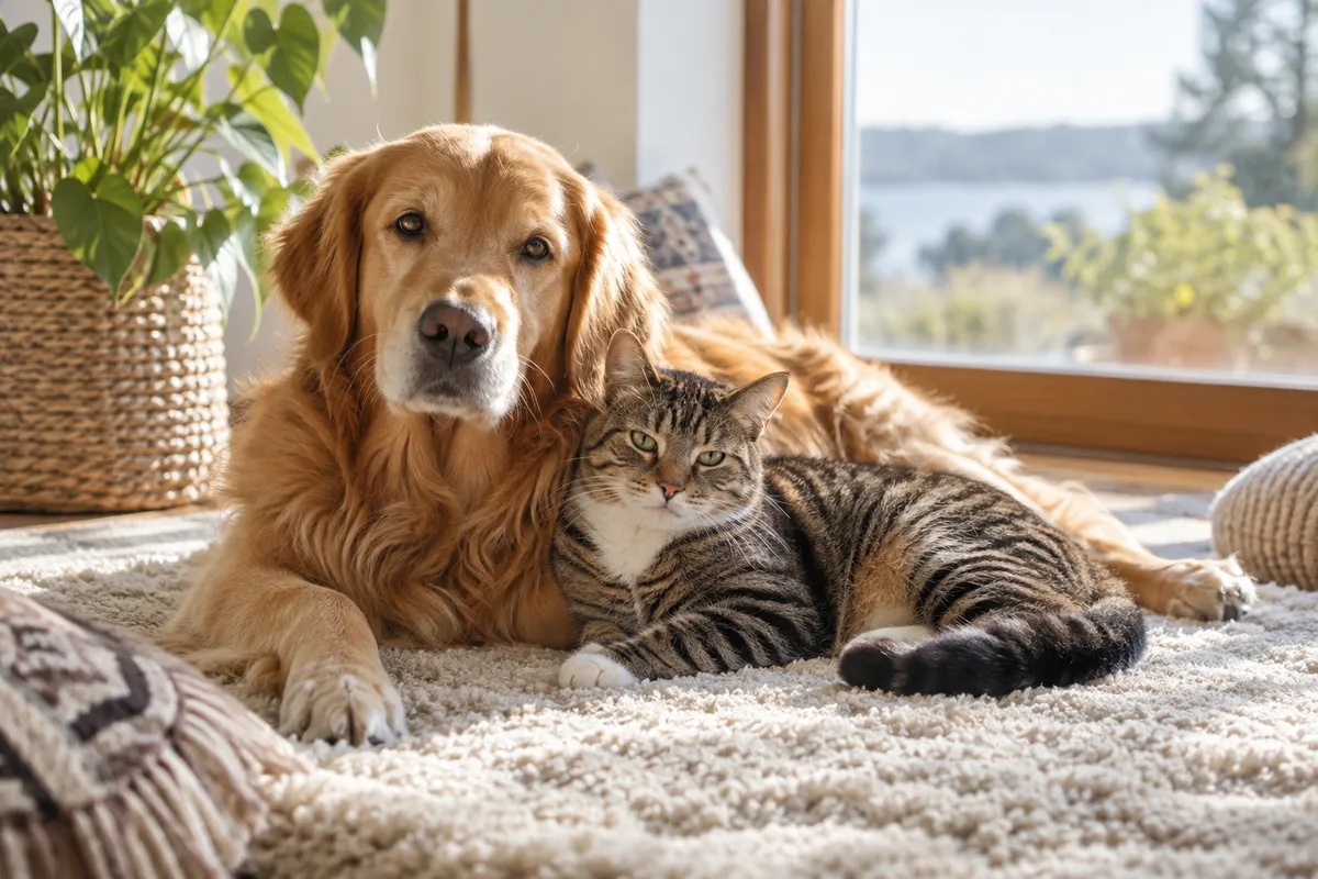 A dog and cat relaxing together at home.
