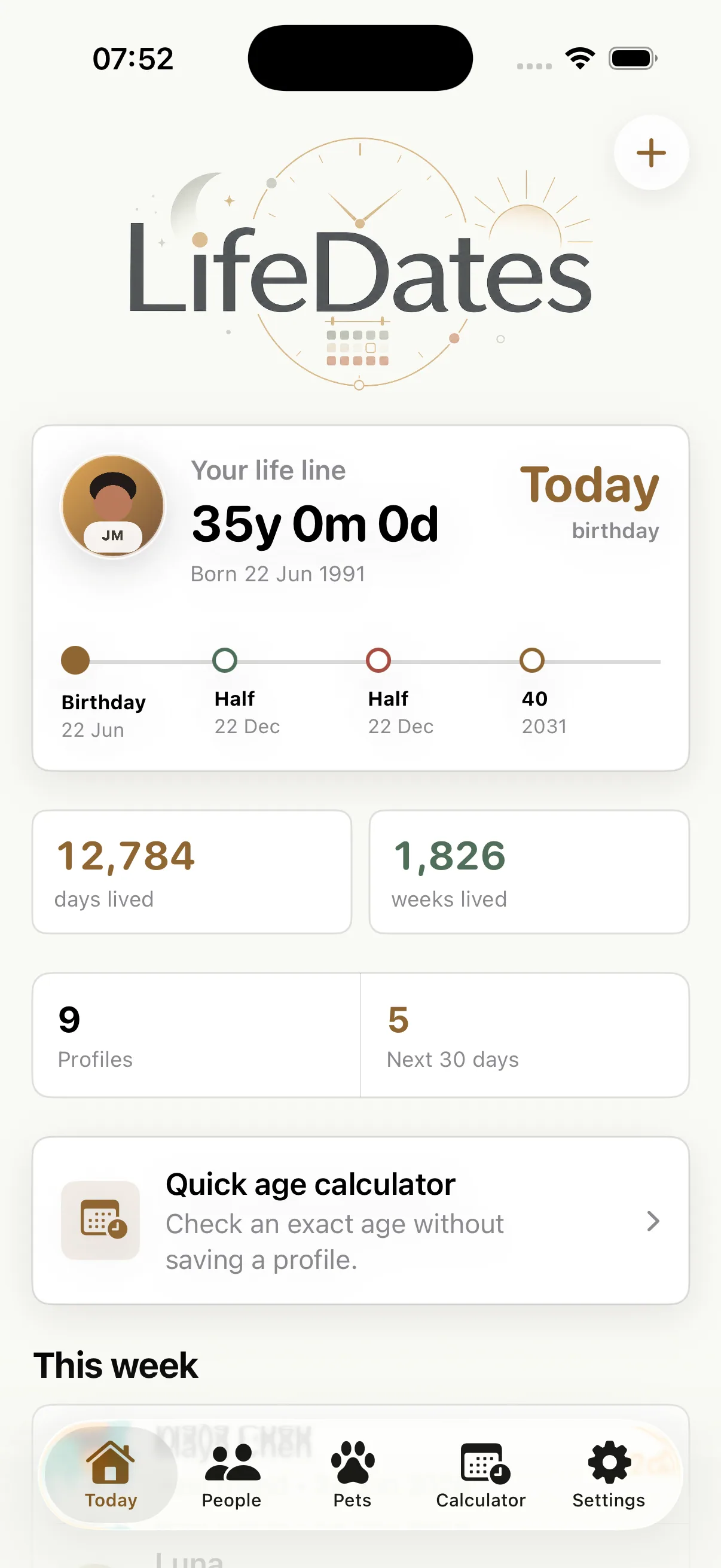 LifeDates dashboard with upcoming birthdays suitable for an iPhone widget