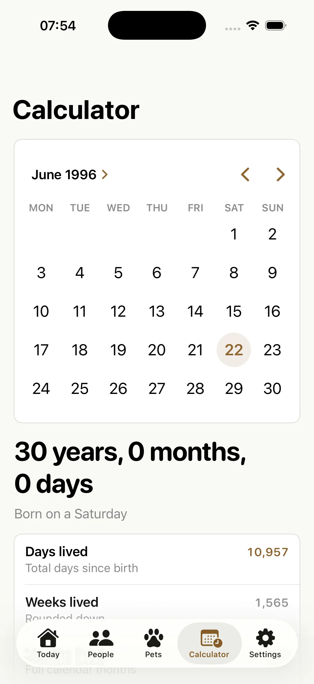 LifeDates exact age calculator showing age in years, months and days
