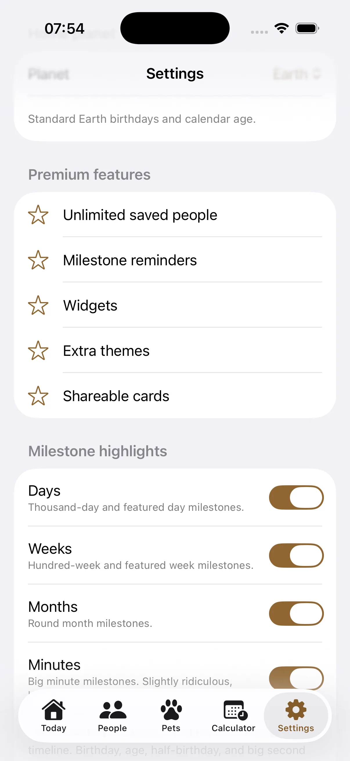 LifeDates settings showing calendar, reminder and important date features