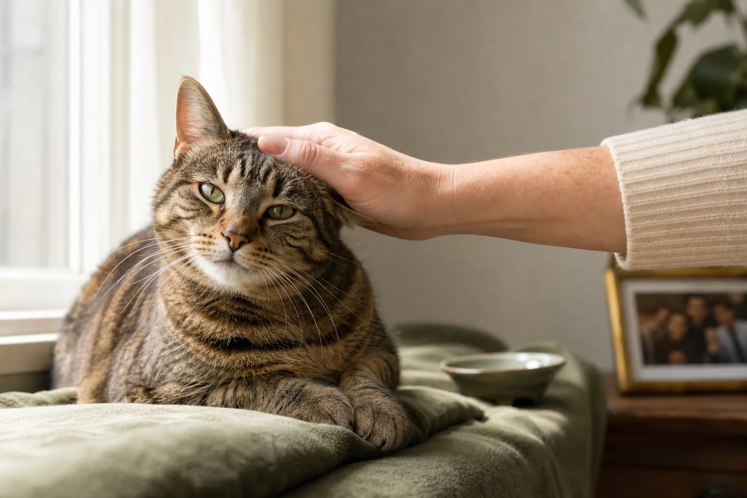 A tabby cat being gently stroked in a sunlit home