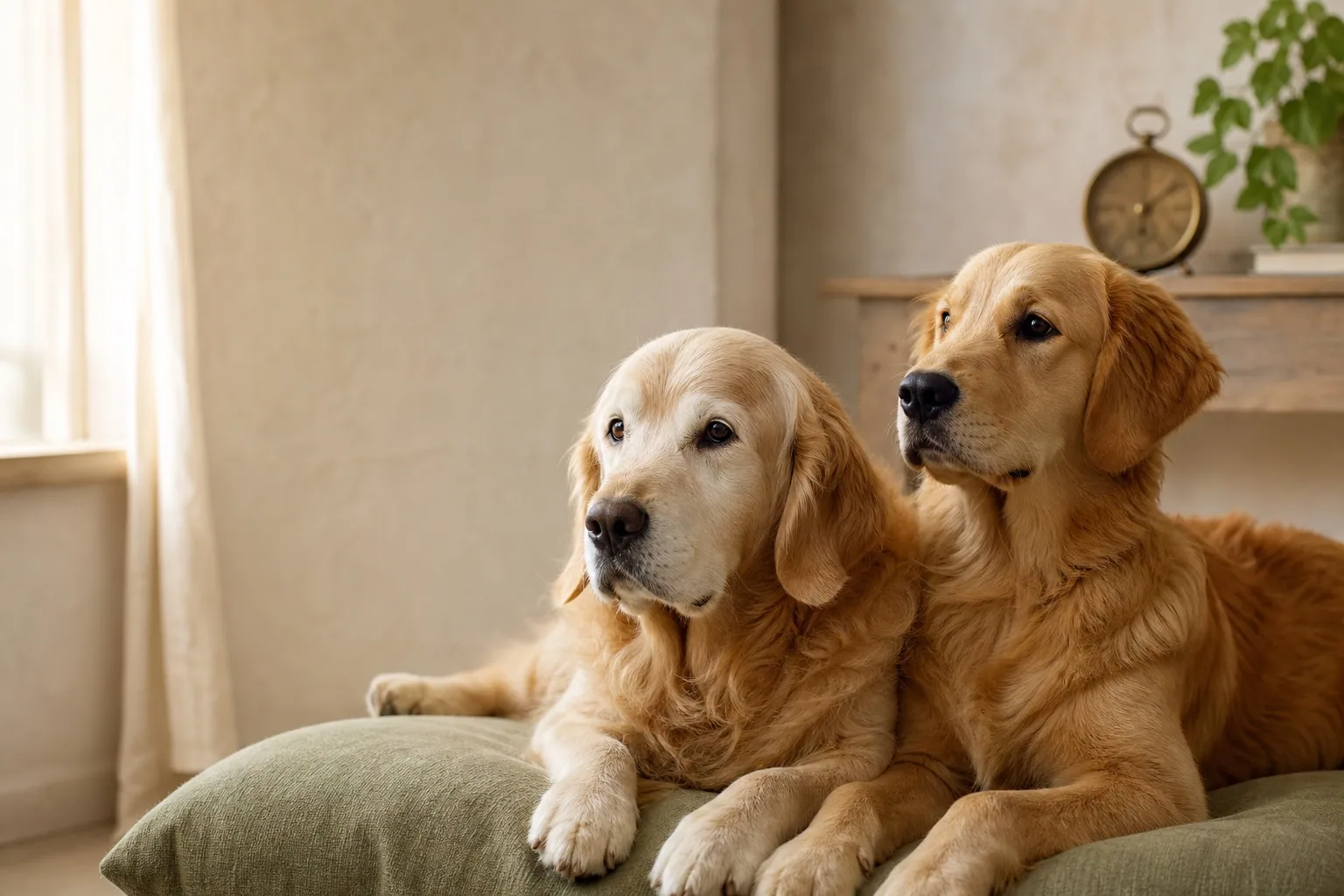 A senior and younger golden retriever resting together at home